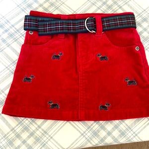Red Corduroy Skirt with embroidered dogs and belt. Excellent condition!